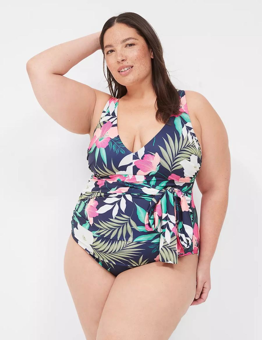 Lane Bryant No-Wire Wrap One-Piece Women Swimsuits Navy | NQC5654CR