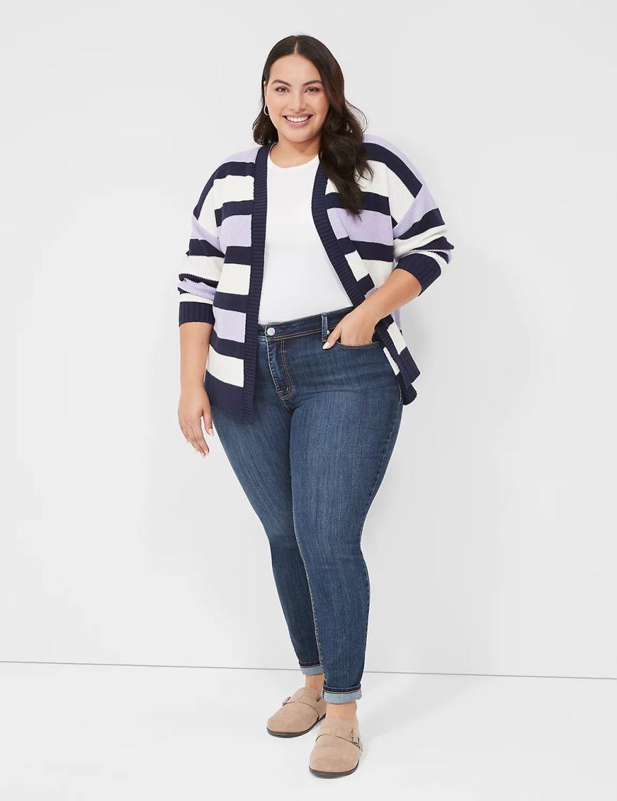 Lane Bryant Open-Front Stripe Women Cardigan Purple Navy Stripes | CYE2052TW