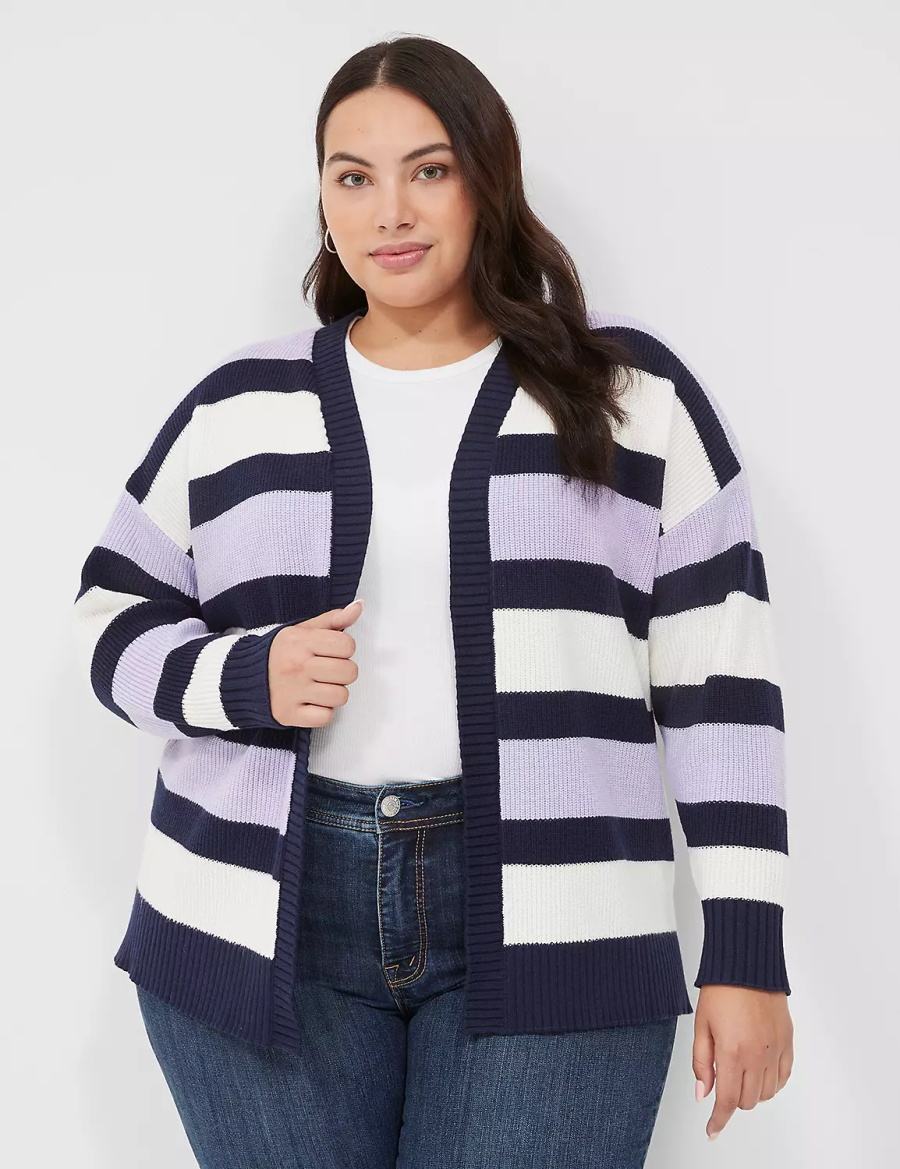 Lane Bryant Open-Front Stripe Women Cardigan Purple Navy Stripes | CYE2052TW