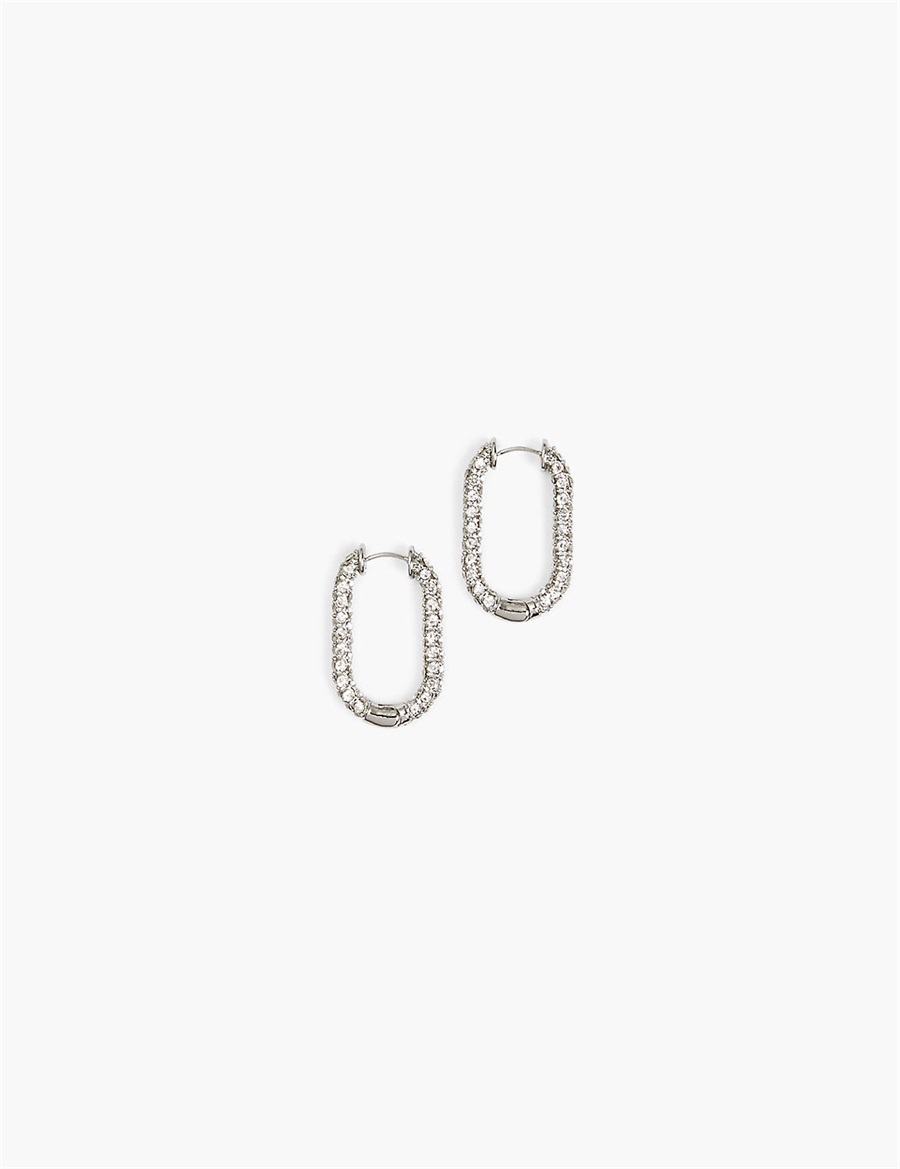 Lane Bryant Pave Oblong Women Hoop Earrings Silver | WFF679NX