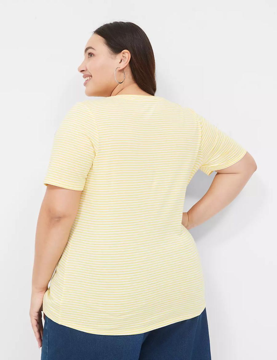 Lane Bryant Perfect Sleeve V-Neck Tee Women T Shirts Yellow Stripes | NBX3711HQ