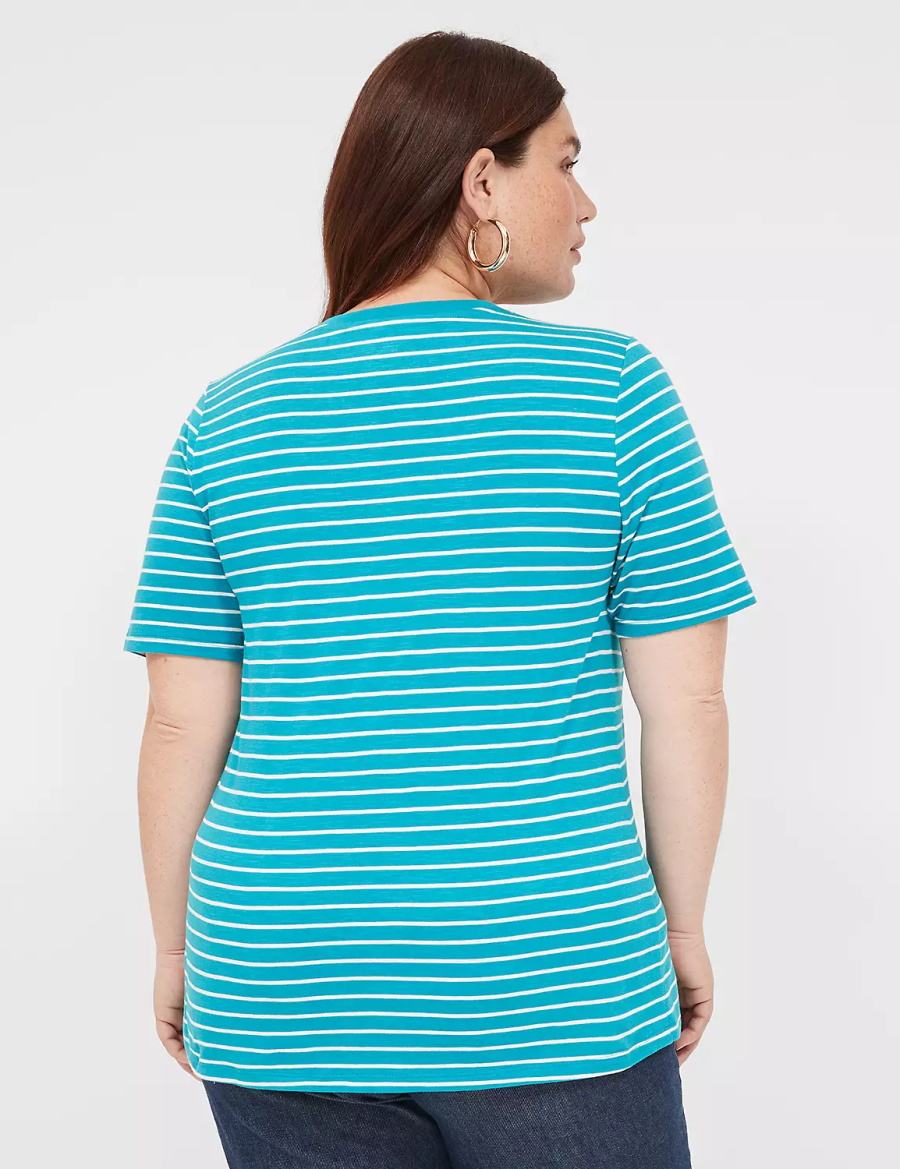 Lane Bryant Perfect Sleeve V-Neck Tee Women T Shirts Turquoise Stripes | NIN2767GG