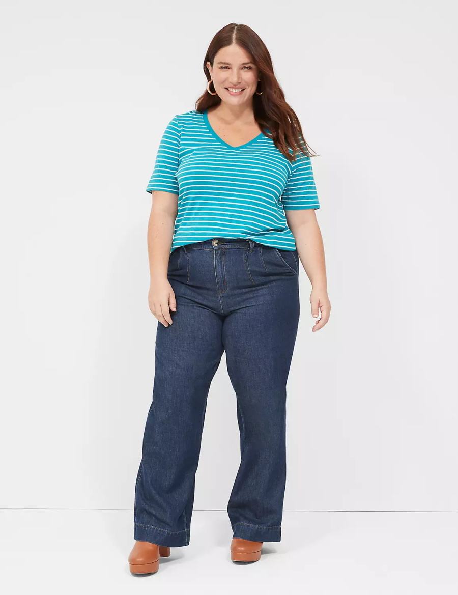 Lane Bryant Perfect Sleeve V-Neck Tee Women T Shirts Turquoise Stripes | NIN2767GG