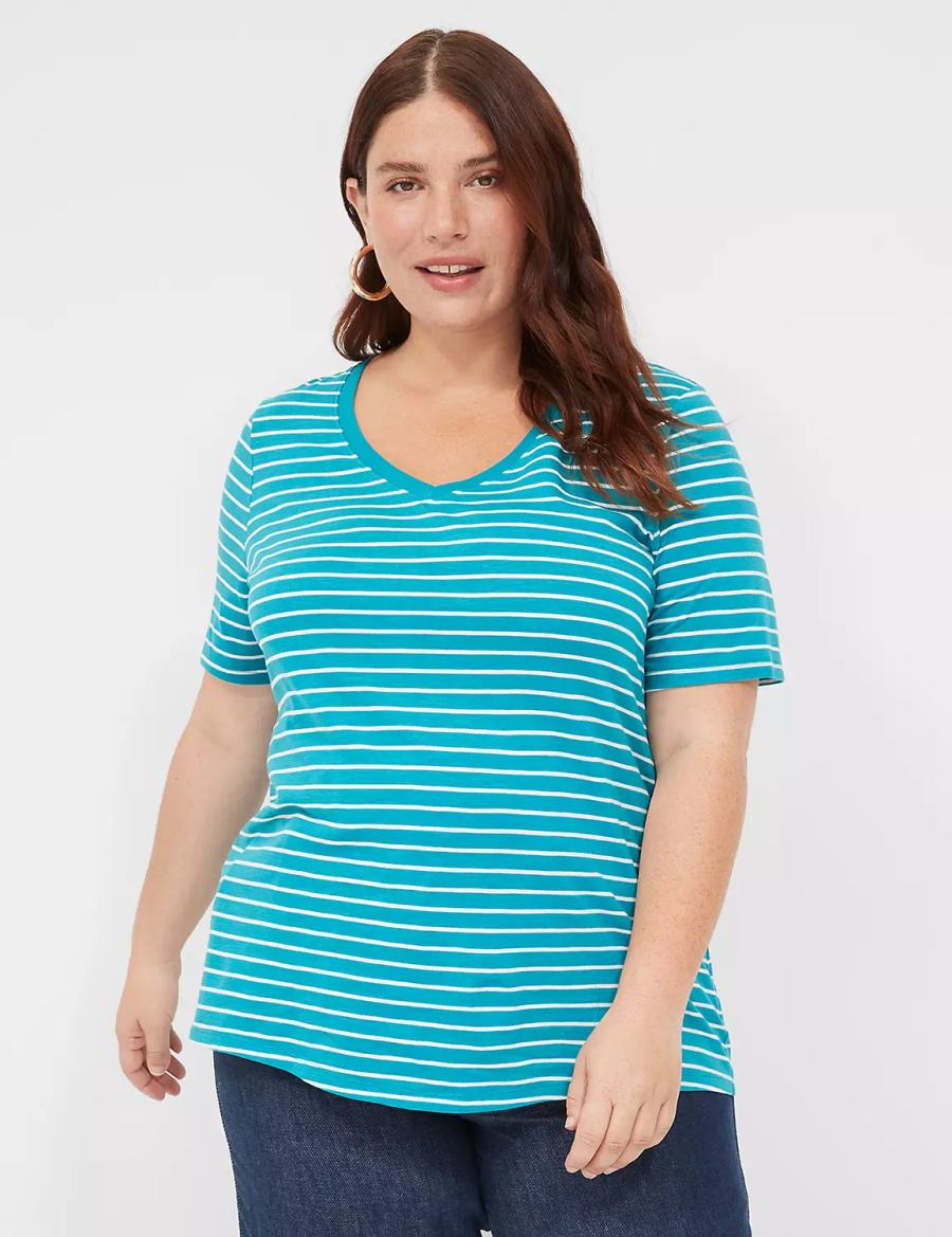 Lane Bryant Perfect Sleeve V-Neck Tee Women T Shirts Turquoise Stripes | NIN2767GG