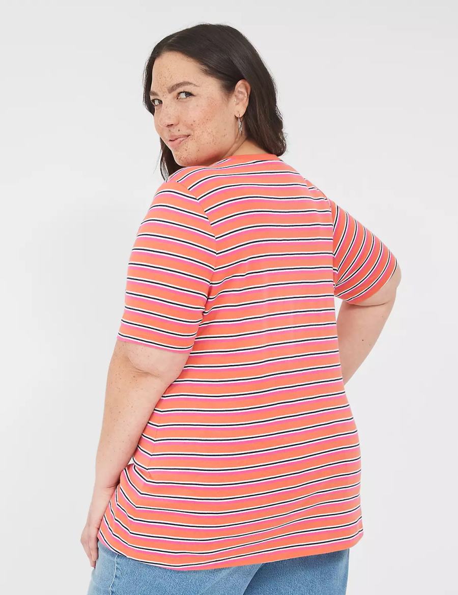 Lane Bryant Perfect Sleeve V-Neck Tee Women T Shirts Orange Stripes | OEL557RD