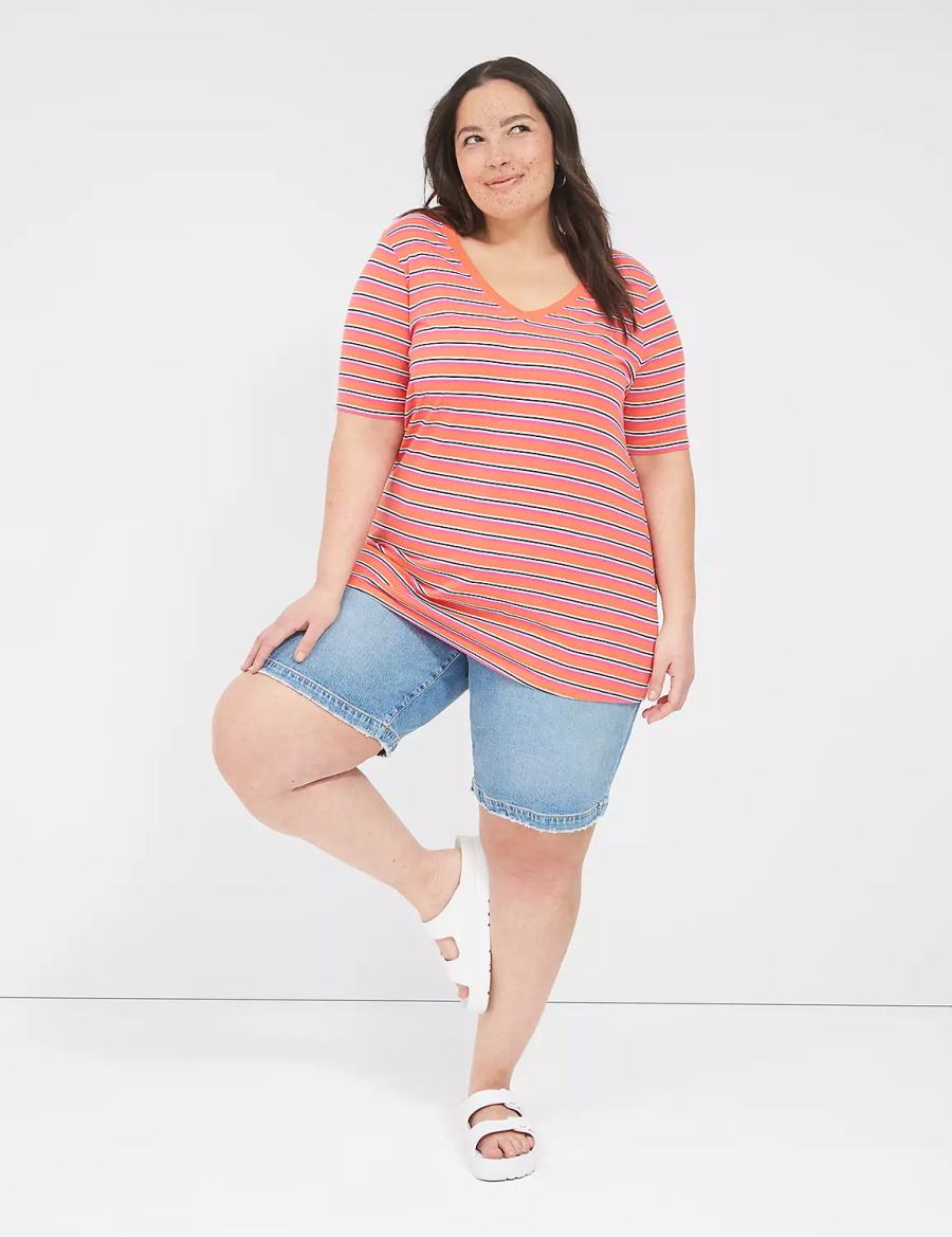 Lane Bryant Perfect Sleeve V-Neck Tee Women T Shirts Orange Stripes | OEL557RD