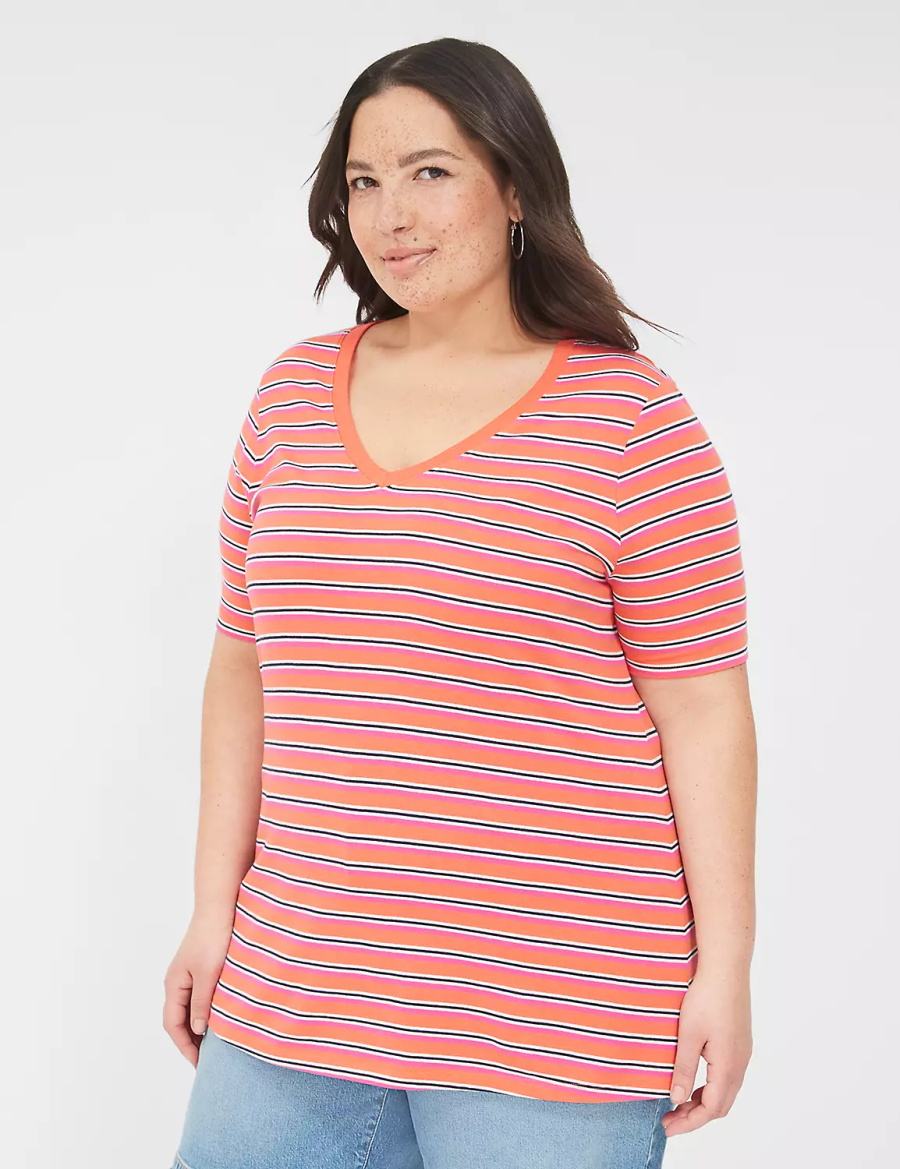 Lane Bryant Perfect Sleeve V-Neck Tee Women T Shirts Orange Stripes | OEL557RD