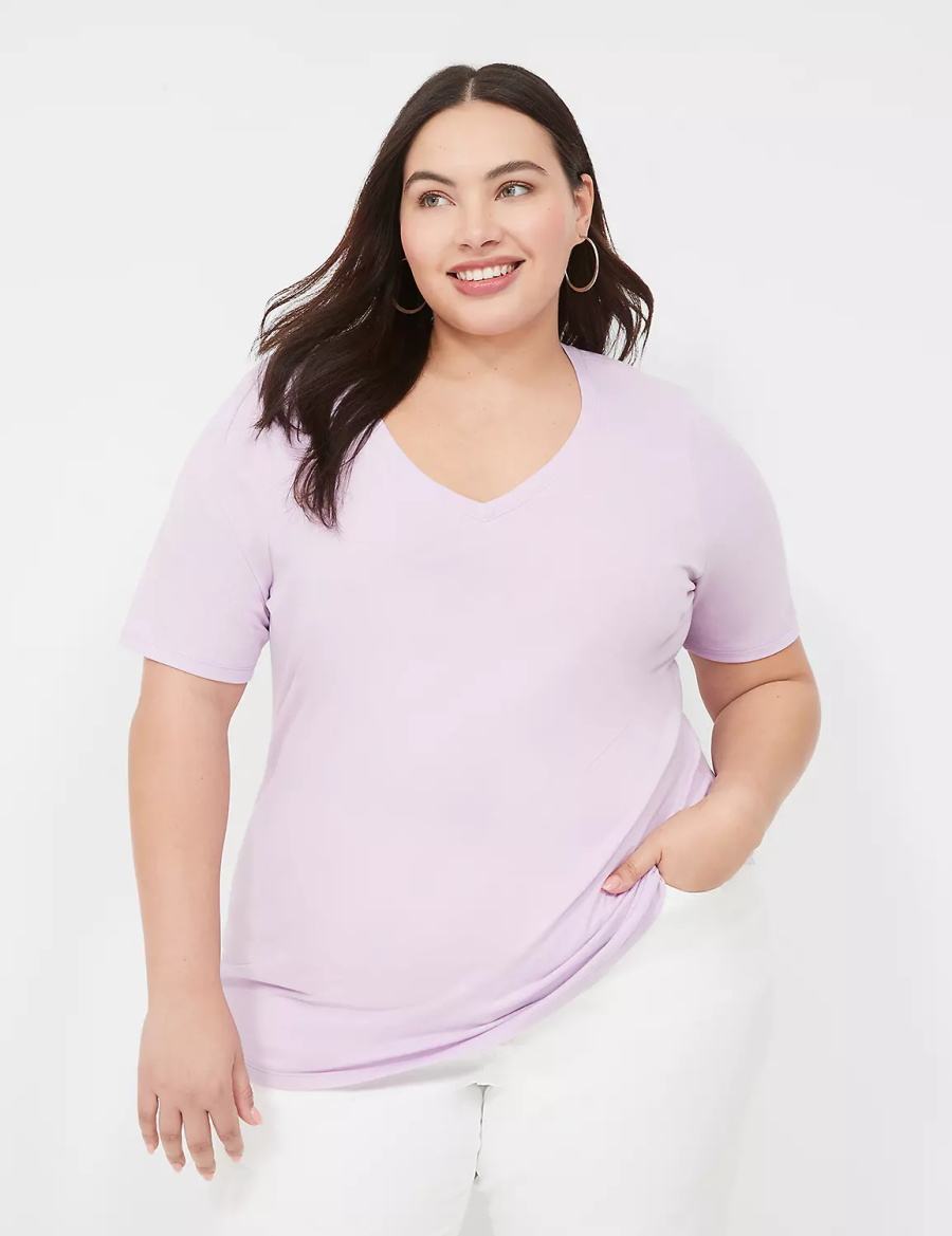 Lane Bryant Perfect Sleeve V-Neck Tee Women T Shirts Purple | LDE2926TG