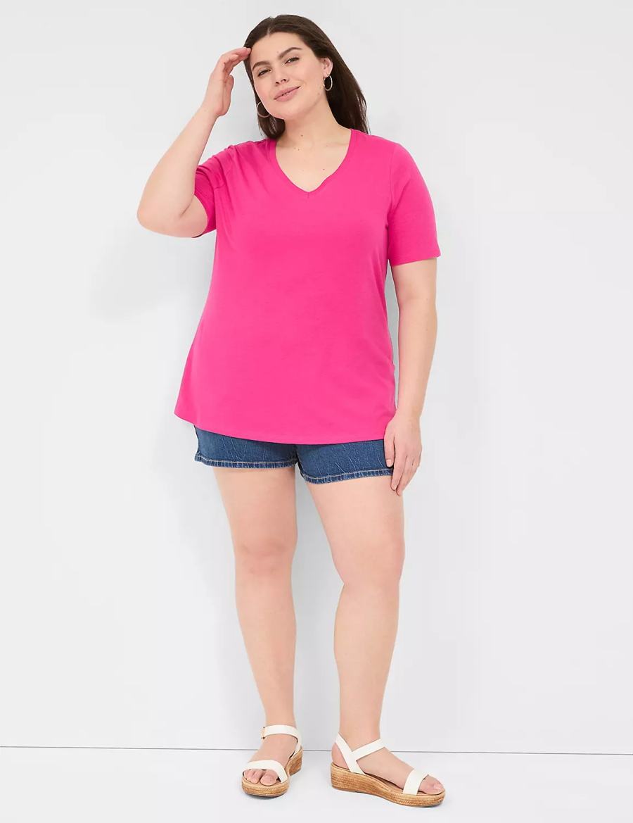 Lane Bryant Perfect Sleeve V-Neck Tee Women T Shirts Pink | EYK1888PI