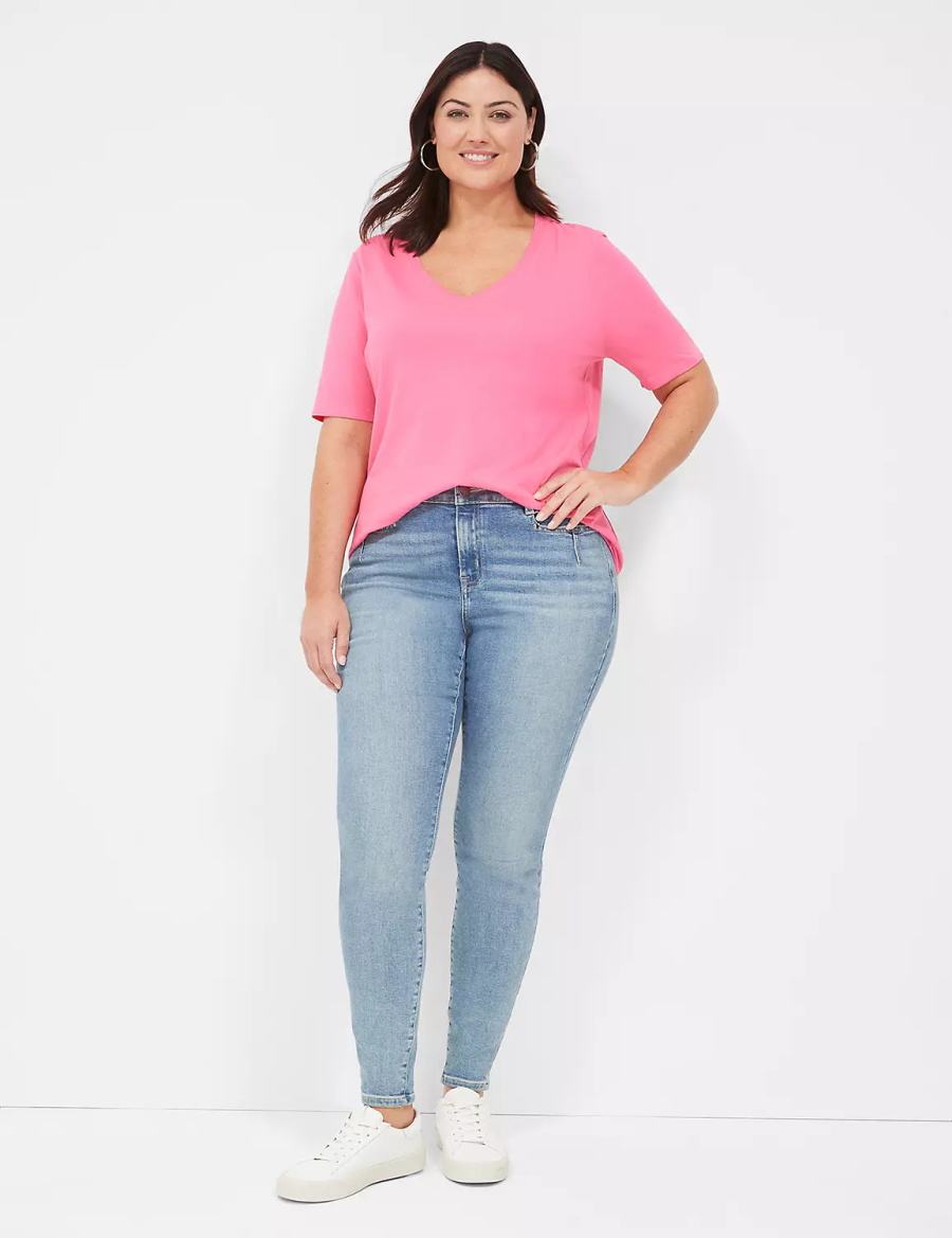 Lane Bryant Perfect Sleeve V-Neck Tee Women T Shirts Fuchsia | MMV1338GY