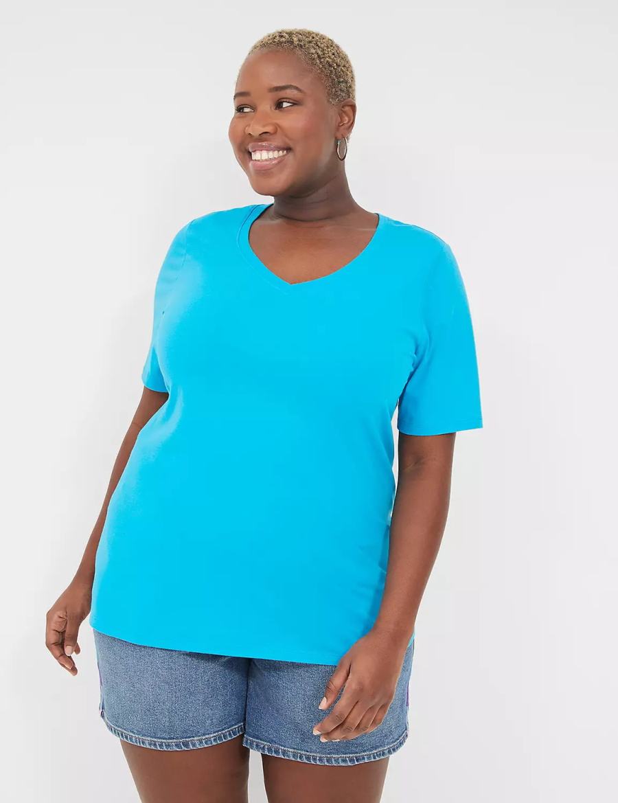 Lane Bryant Perfect Sleeve V-Neck Tee Women T Shirts Blue | FHV6532MT