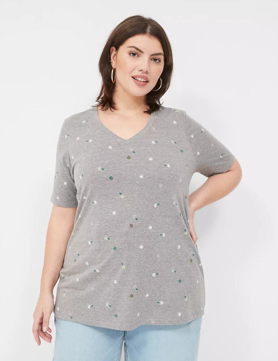 Lane Bryant Perfect Sleeve V-Neck Tee Women T Shirts Grey | IXP1978XG