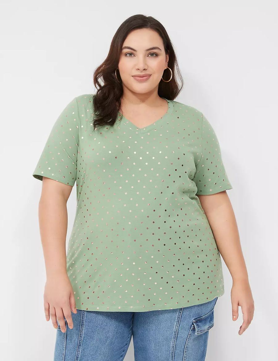 Lane Bryant Perfect Sleeve V-Neck Tee Women T Shirts Green | ZKA1777ZA