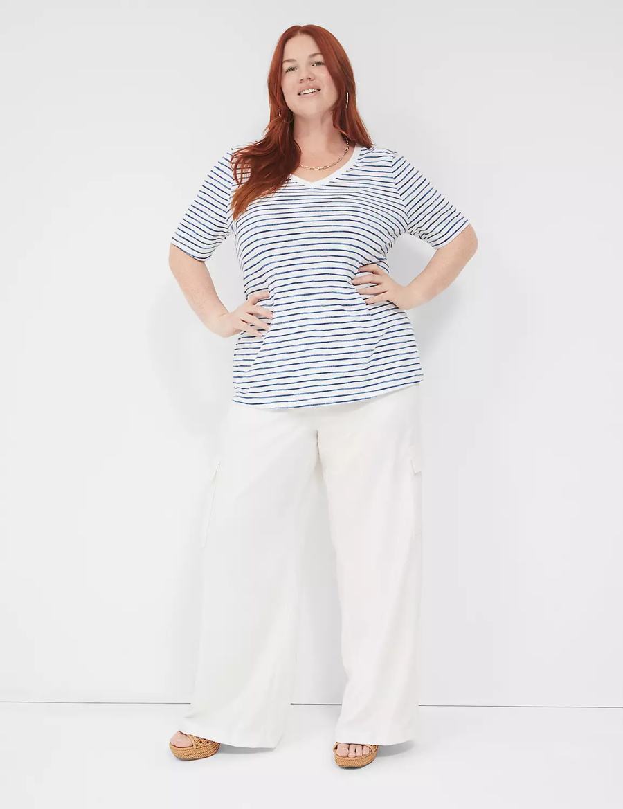 Lane Bryant Perfect Sleeve V-Neck Tee Women T Shirts White Blue | RNW7455ON