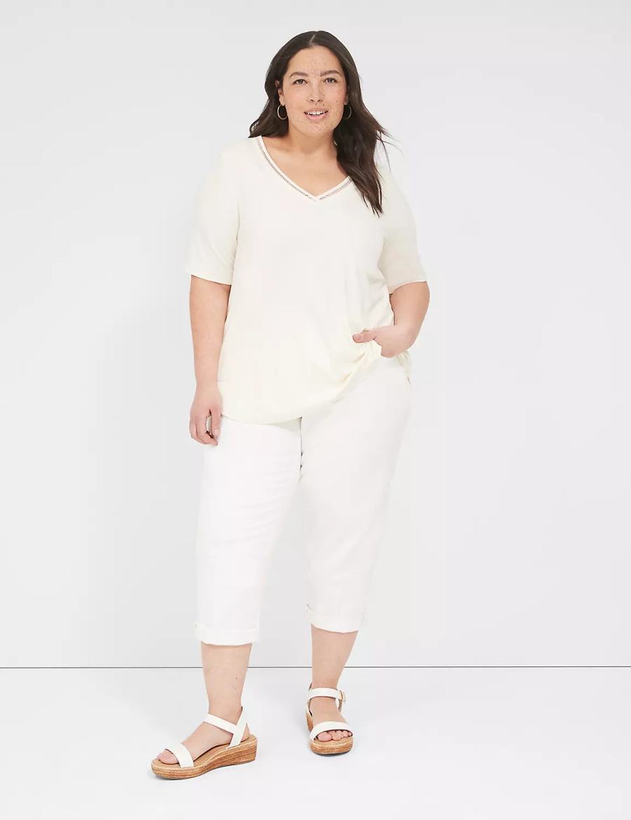 Lane Bryant Perfect Sleeve V-Neck Trim-Detail Tee Women T Shirts White | ORX8318IN