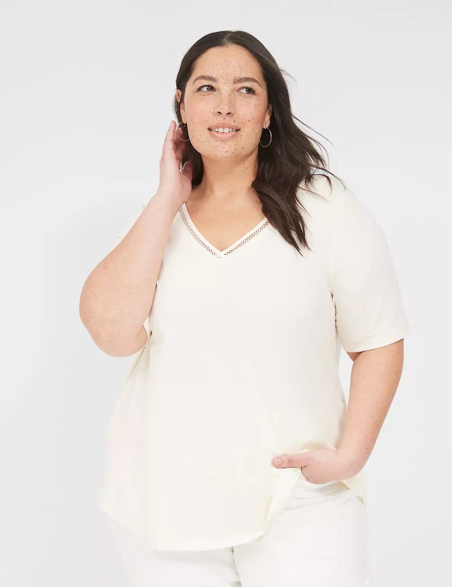 Lane Bryant Perfect Sleeve V-Neck Trim-Detail Tee Women T Shirts White | ORX8318IN