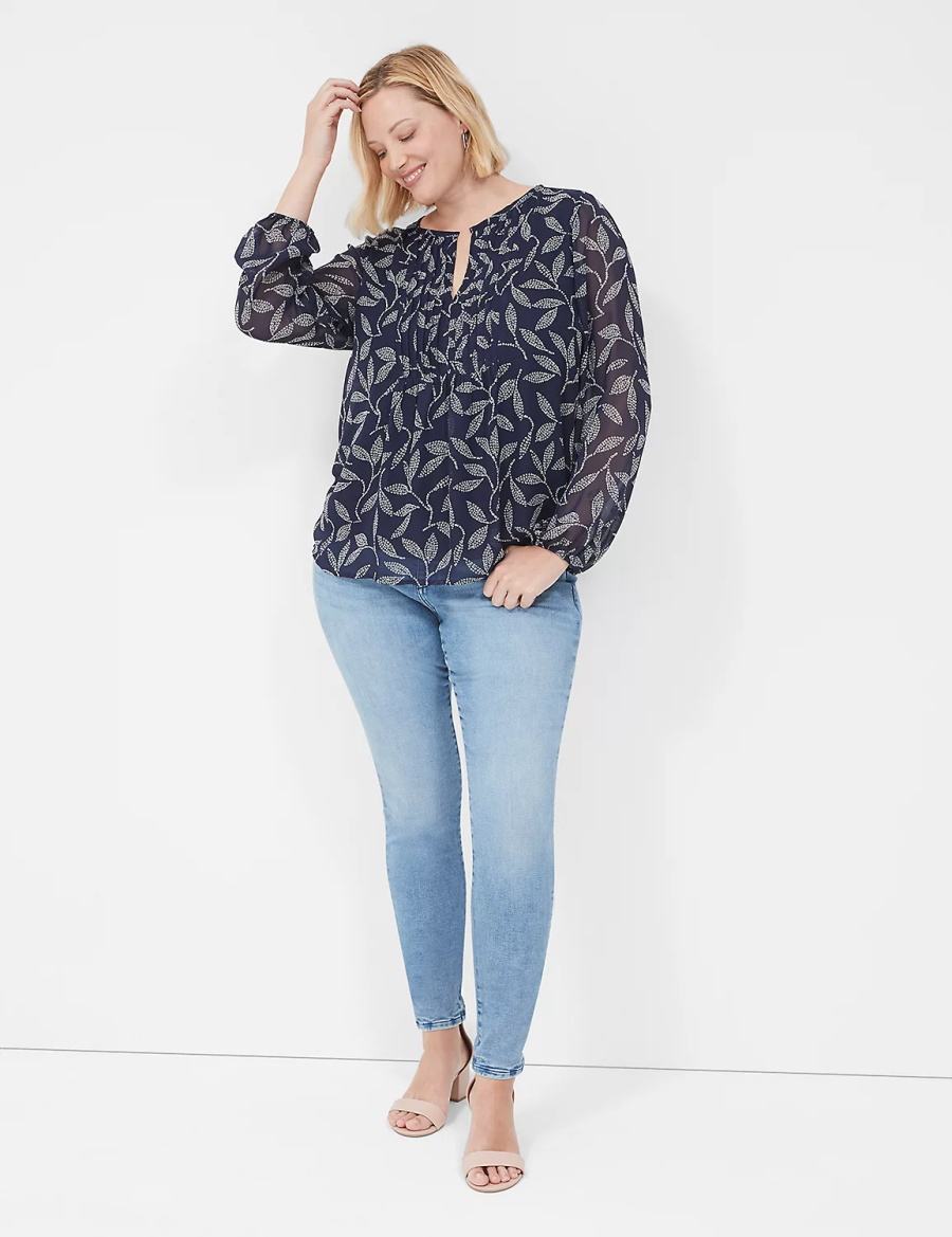 Lane Bryant Pin-Tuck Crew-Neck Women Blouse Navy | CGU8730RC