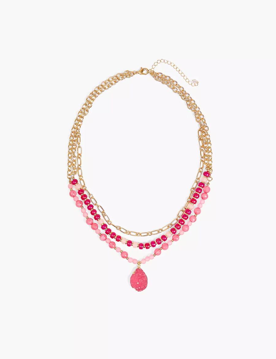 Lane Bryant Pink Beaded Druzy Women Necklace Gold | PZL582YE