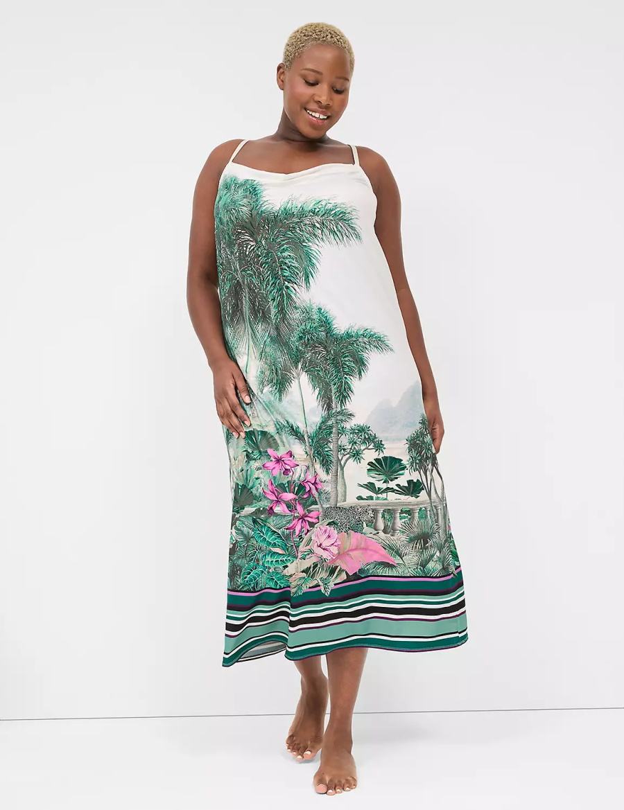 Lane Bryant Placed Print Cowlneck Slip Women Dress Green Multicolor | RED5060RC