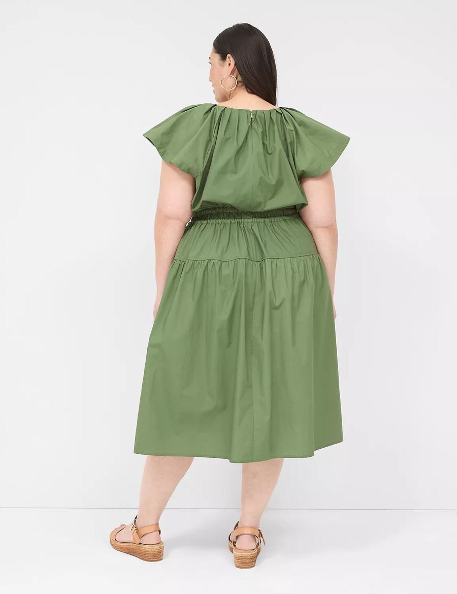 Lane Bryant Pleated Crew-Neck Women Midi Dress Brown Green | TQP3623XU