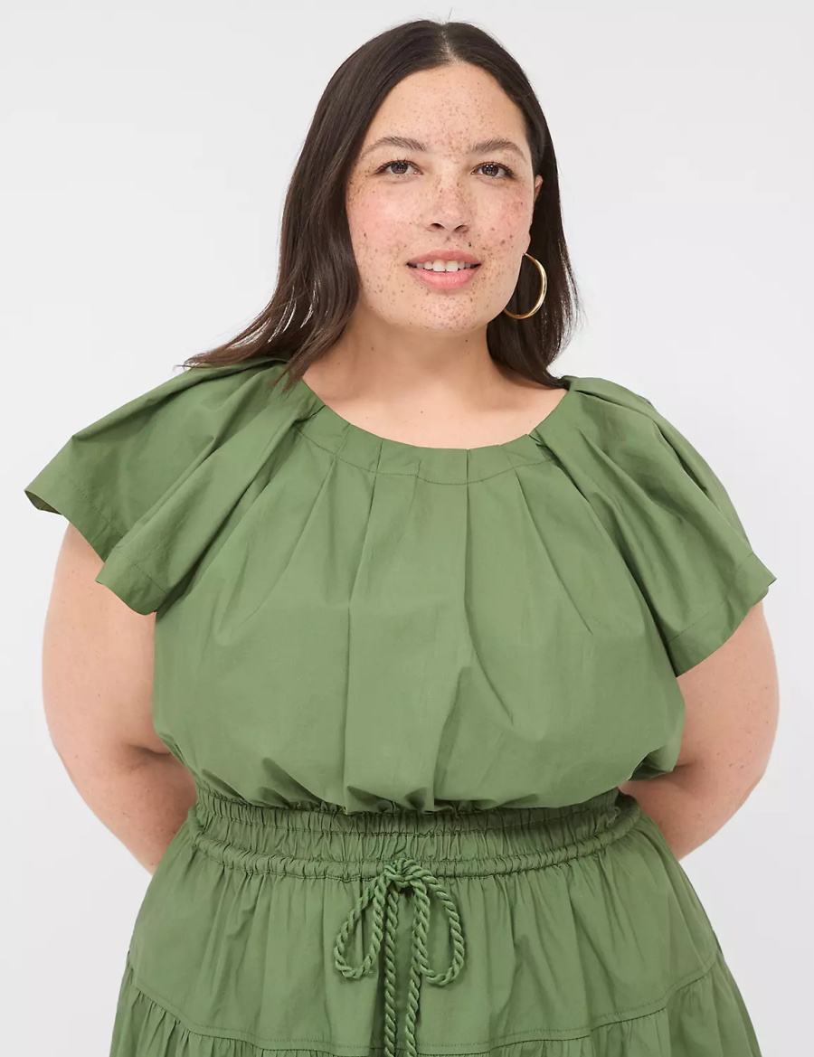 Lane Bryant Pleated Crew-Neck Women Midi Dress Brown Green | TQP3623XU