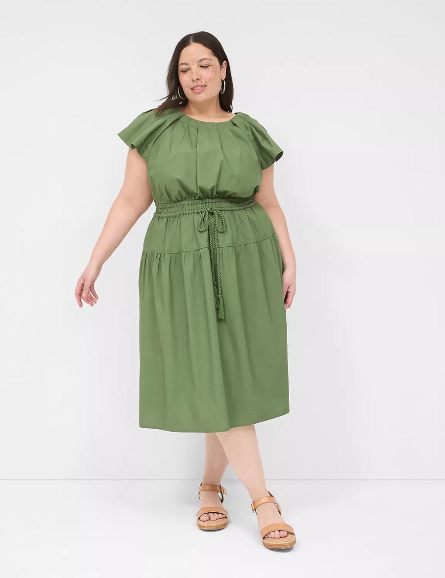 Lane Bryant Pleated Crew-Neck Women Midi Dress Brown Green | TQP3623XU