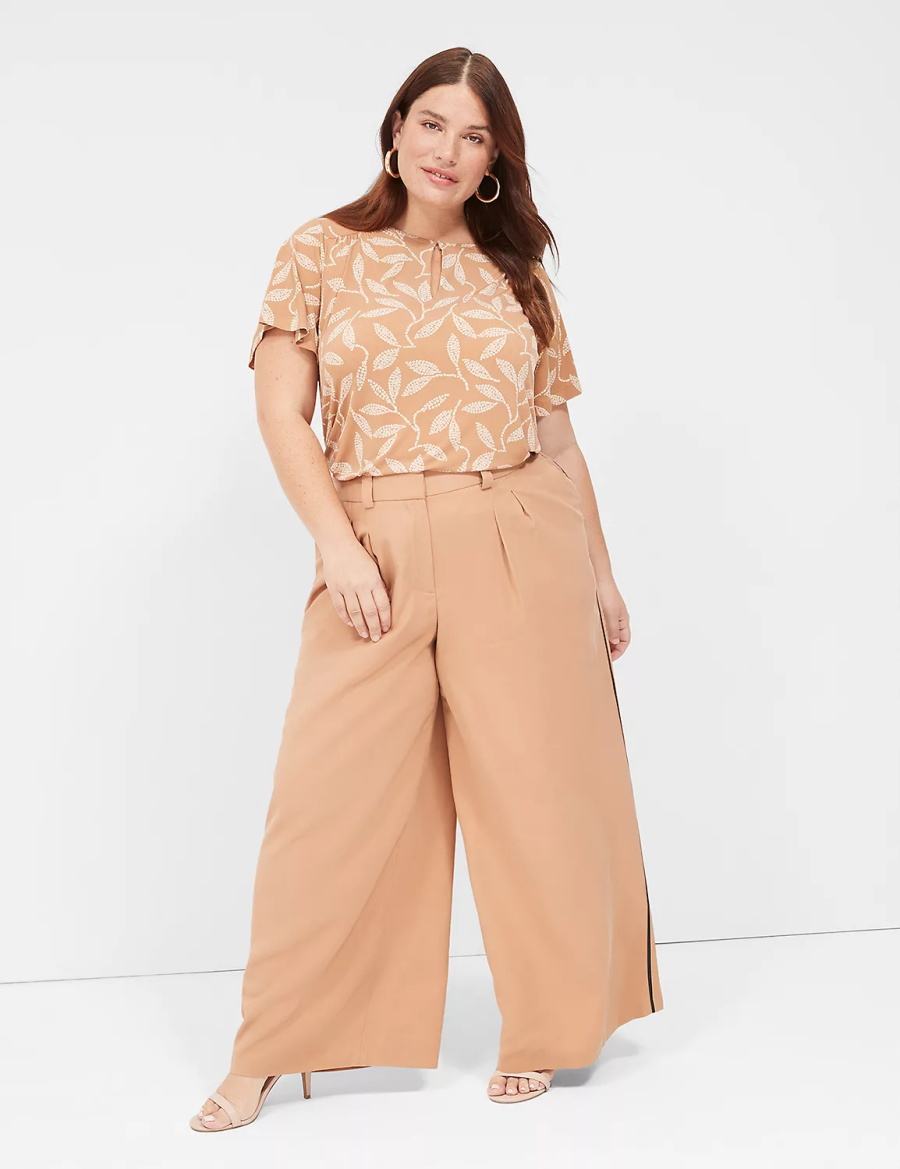 Lane Bryant Pleated Wide Leg With Side-Trim Women Pants Brown | MZP3226IV