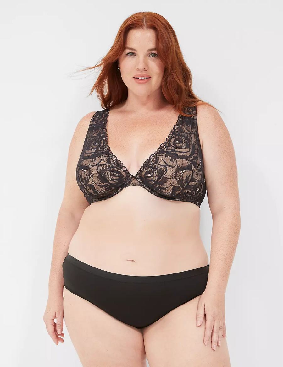 Lane Bryant Plunge with Lace Women Unlined Bra Black | UJS9635LM