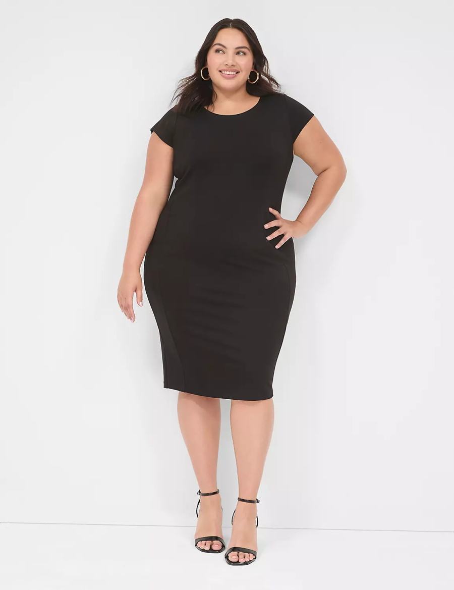 Lane Bryant Ponte Cap-Sleeve Crew-Neck Women Casual Dress Black | GMJ3296PW