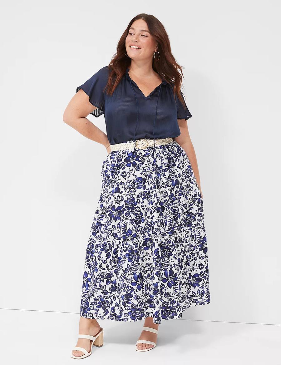 Lane Bryant Poplin Tiered Maxi Women Skirts Navy White | RKW828JM