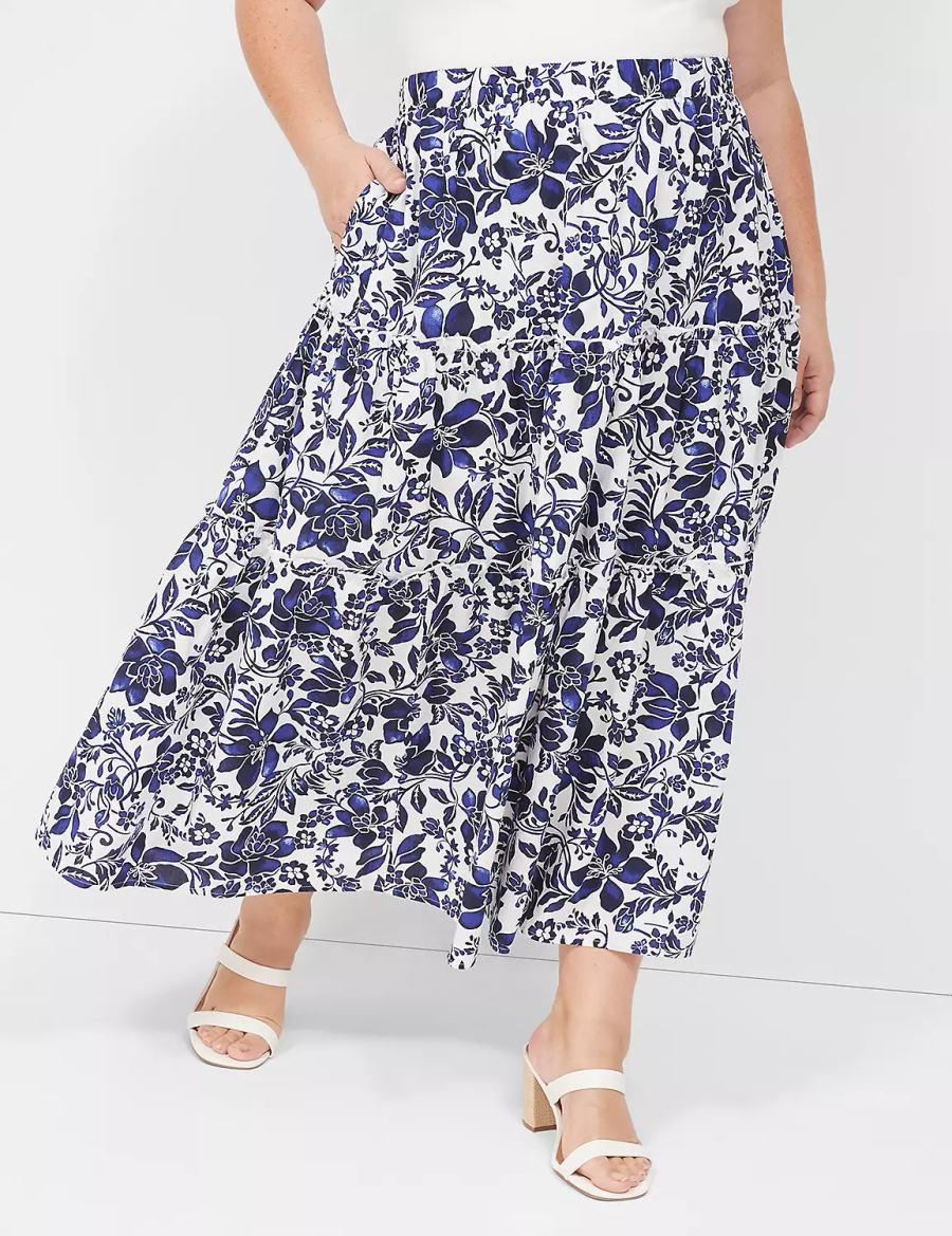 Lane Bryant Poplin Tiered Maxi Women Skirts Navy White | RKW828JM