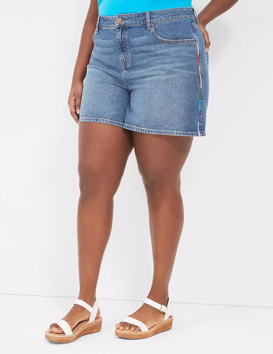 Lane Bryant Pride Boyfriend Fit Jean With Embroidery Women Shorts Blue | WNB3679CD