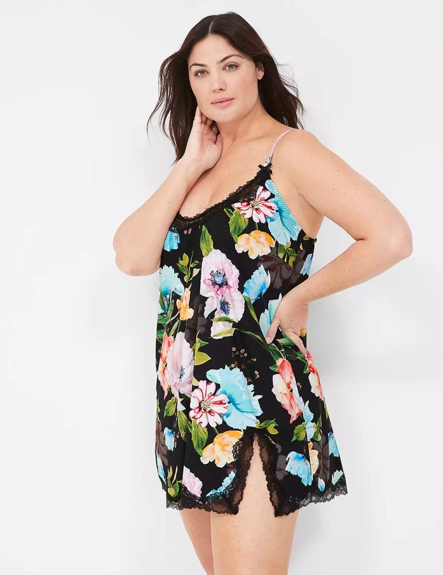 Lane Bryant Printed Lace-Trim Slip Women Dress Black | BOA2093DO