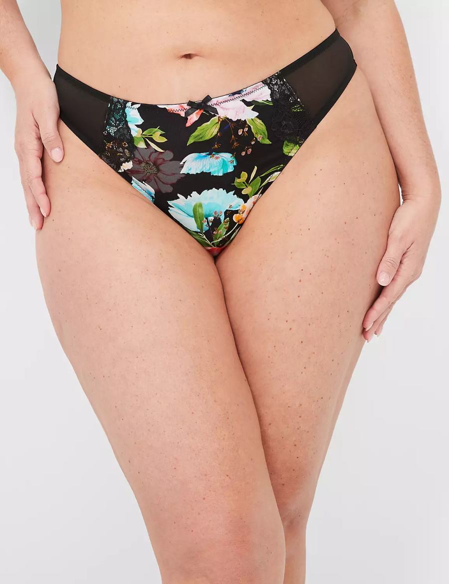 Lane Bryant Printed Lace-Trim Women Thong Panty Black | VYU8691DC