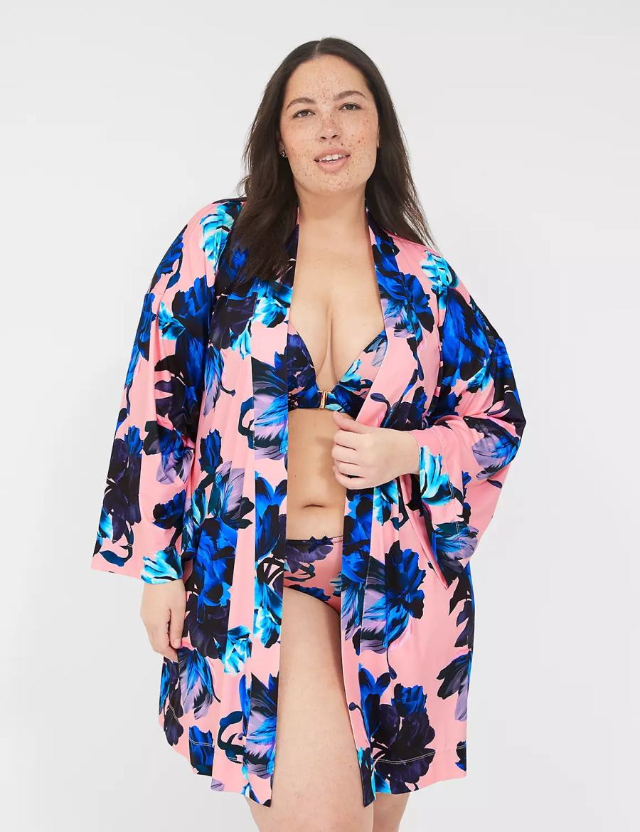 Lane Bryant Printed Microfiber Women Robe Pink Blue Multicolor | VFX3890YY