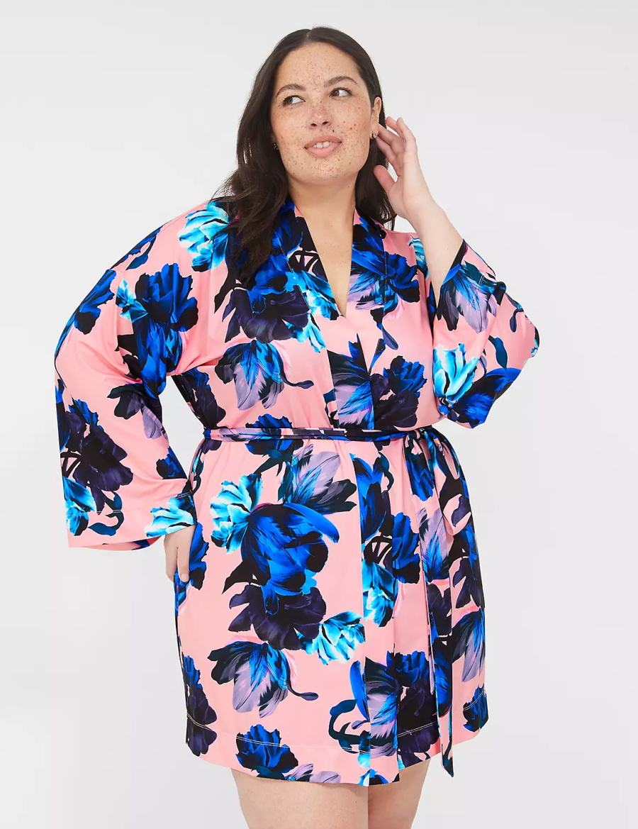 Lane Bryant Printed Microfiber Women Robe Pink Blue Multicolor | VFX3890YY