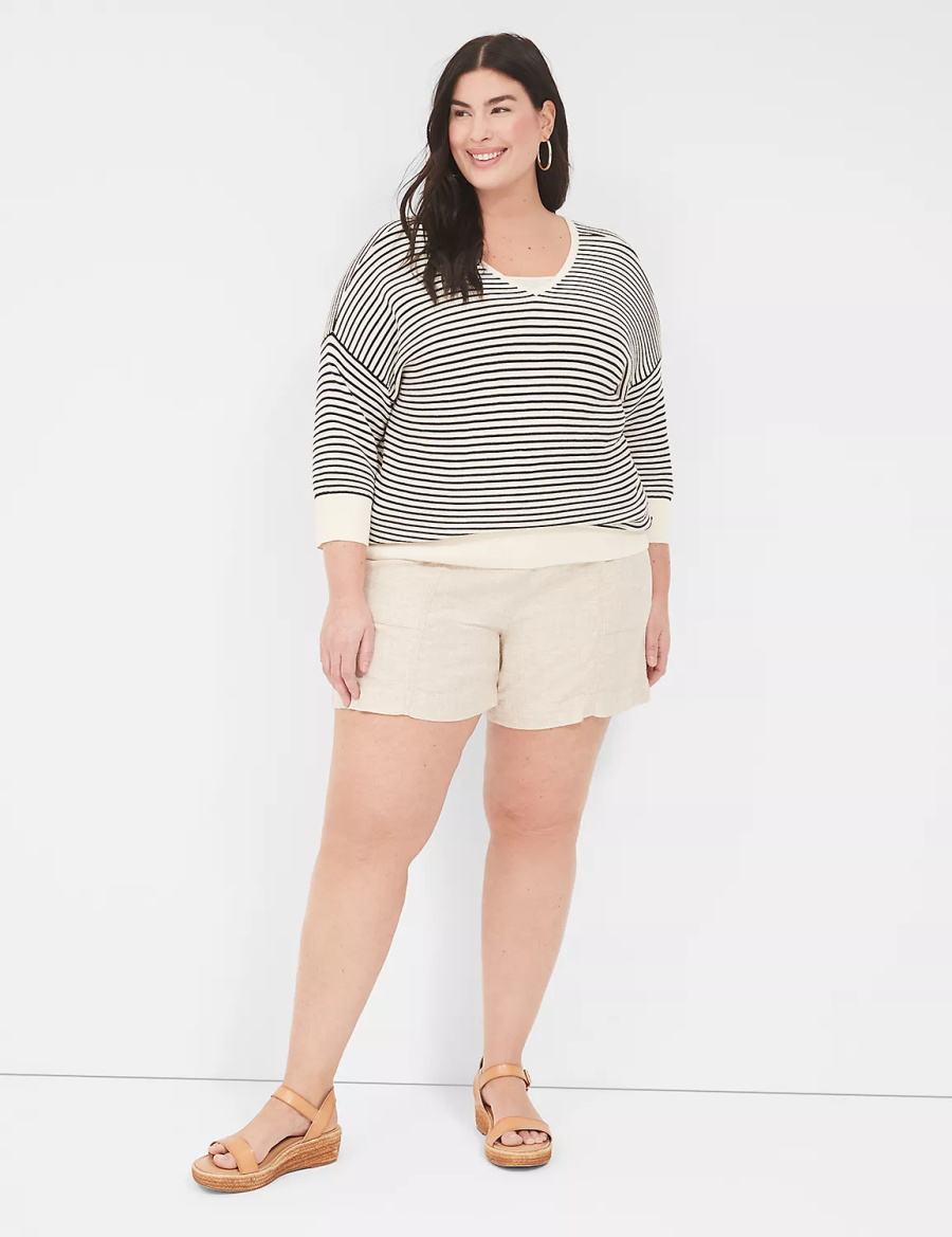 Lane Bryant Pull-On Linen Stripe Women Shorts Beige Stripes | CCF4267TU