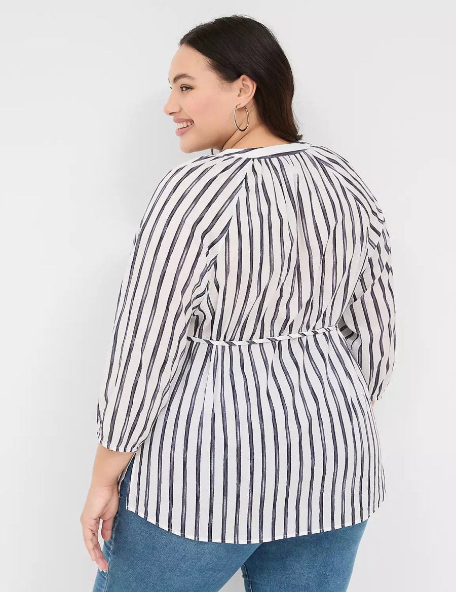 Lane Bryant Relaxed 3/4-Sleeve Button-Front Tunic Women Shirts Navy Stripes | YKX5398BN