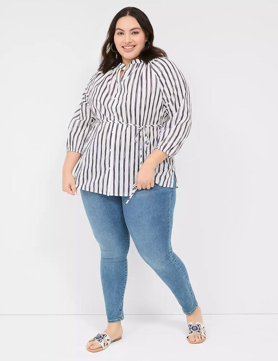 Lane Bryant Relaxed 3/4-Sleeve Button-Front Tunic Women Shirts Navy Stripes | YKX5398BN