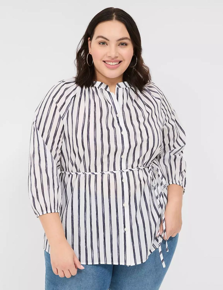 Lane Bryant Relaxed 3/4-Sleeve Button-Front Tunic Women Shirts Navy Stripes | YKX5398BN