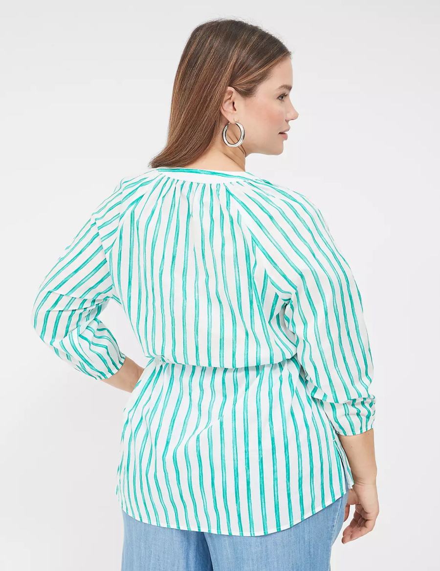 Lane Bryant Relaxed 3/4-Sleeve Button-Front Tunic Women Shirts Green Stripes | NOH8589VH