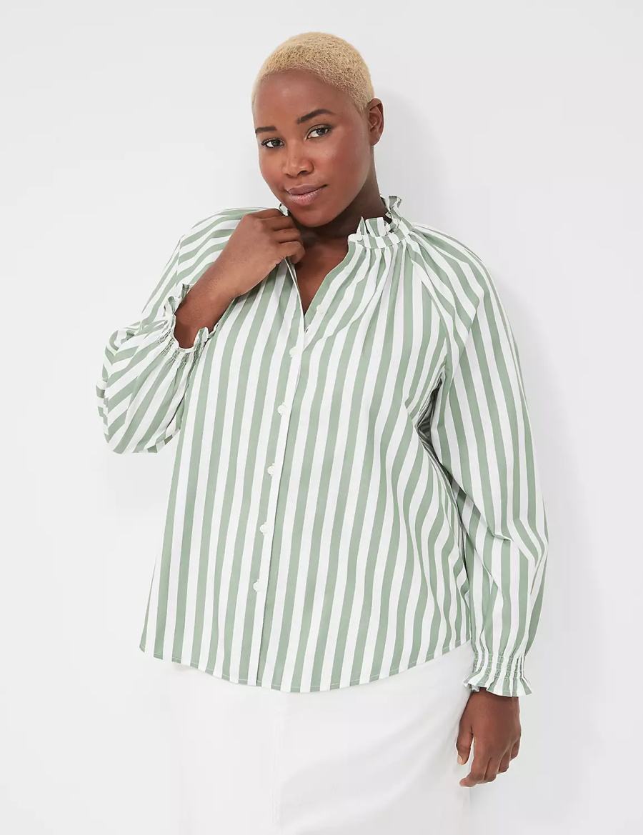 Lane Bryant Relaxed Button-Front Women Blouse Green Stripes | HGU8336IL