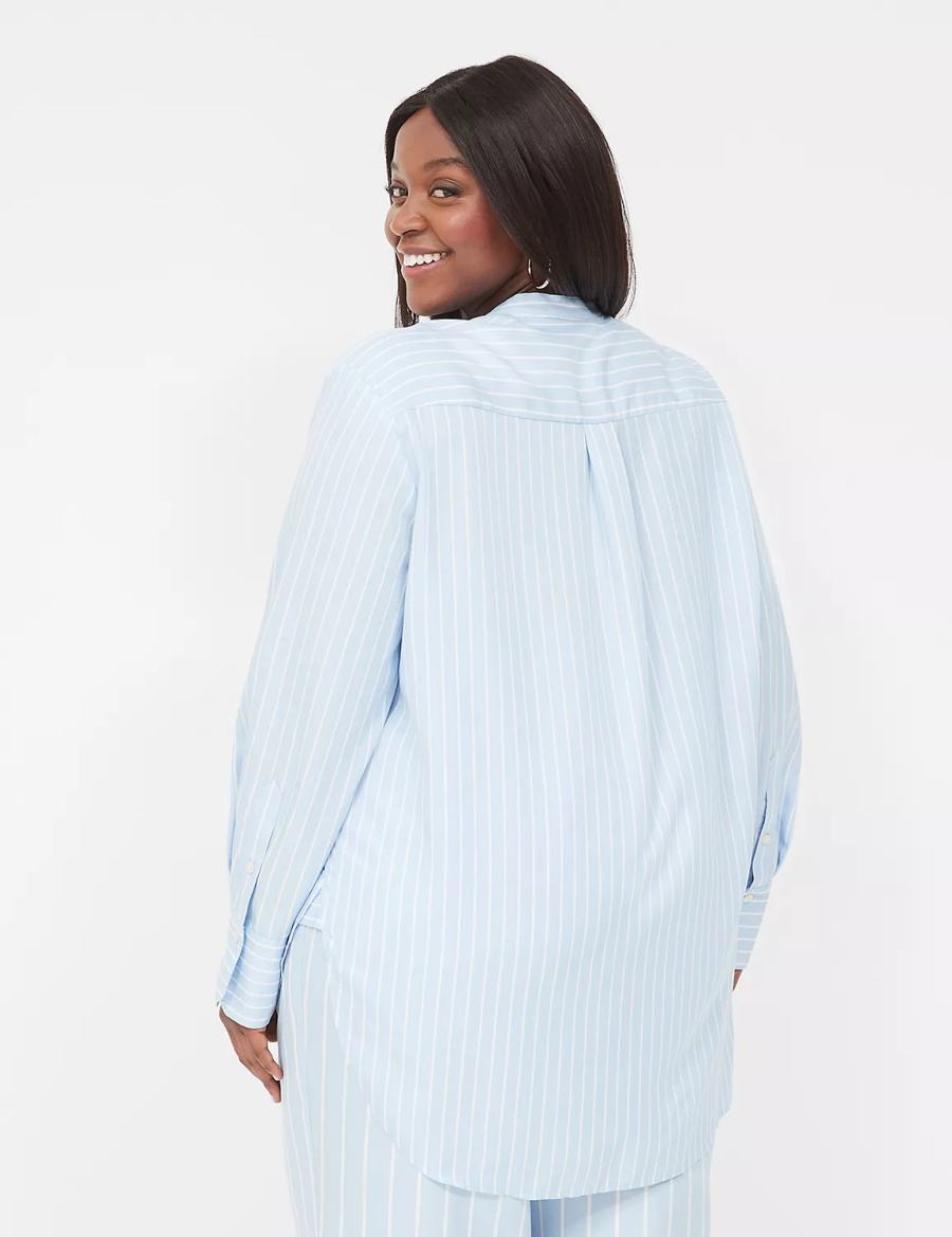 Lane Bryant Relaxed Collar Button-Down Women Shirts Light Blue Stripes | ZCP5855YK