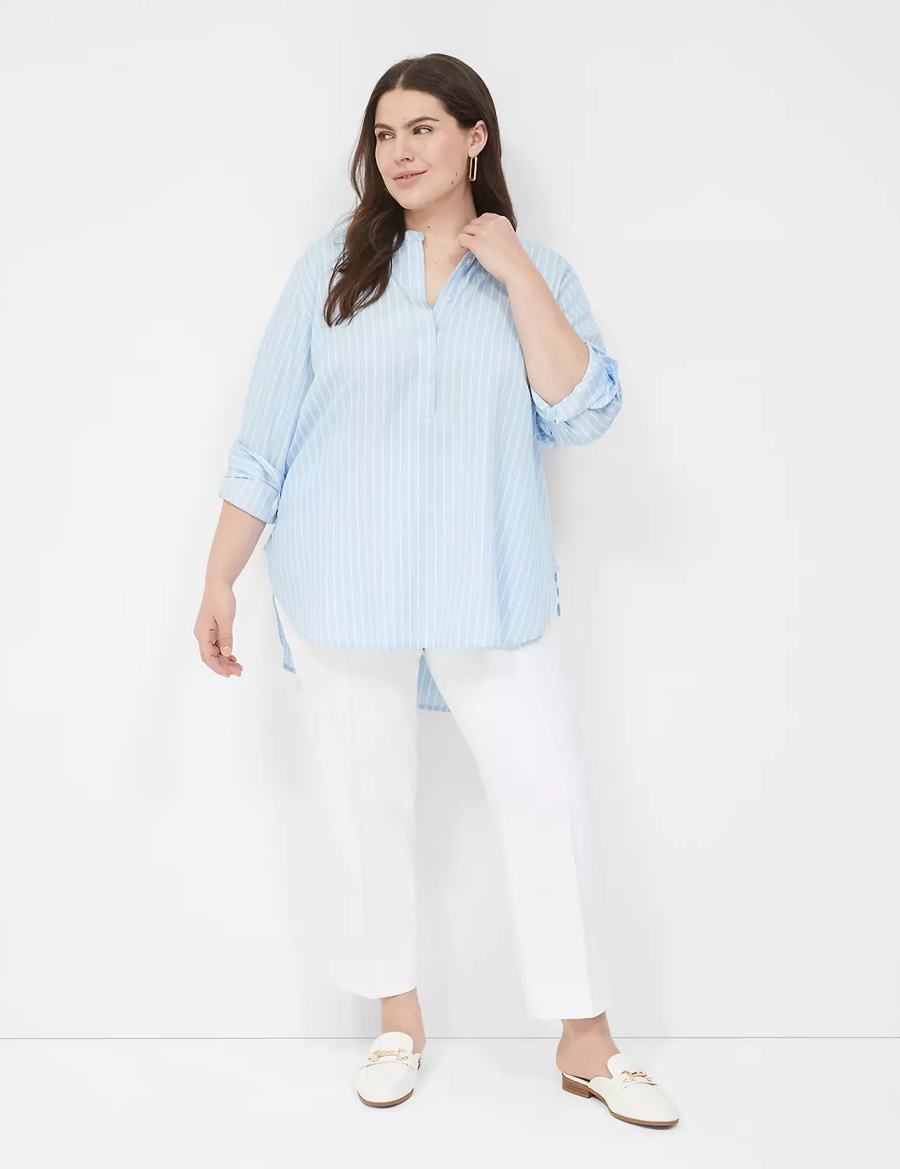 Lane Bryant Relaxed Collar Button-Down Women Shirts Light Blue Stripes | ZCP5855YK