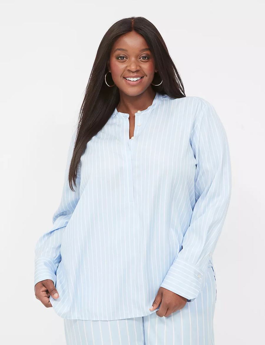 Lane Bryant Relaxed Collar Button-Down Women Shirts Light Blue Stripes | ZCP5855YK