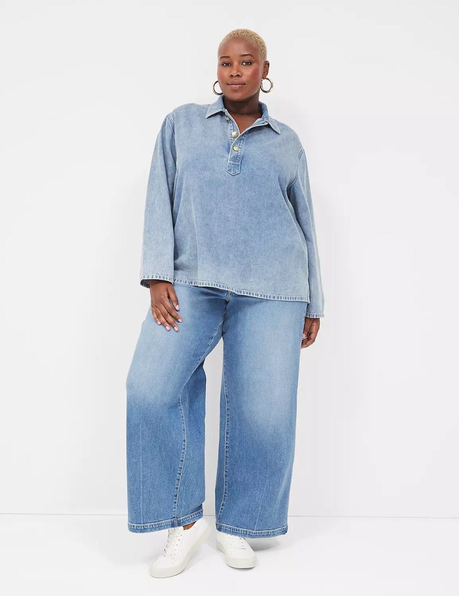 Lane Bryant Relaxed Collared Denim Popover Women Shirts Light Blue | TAE402RL