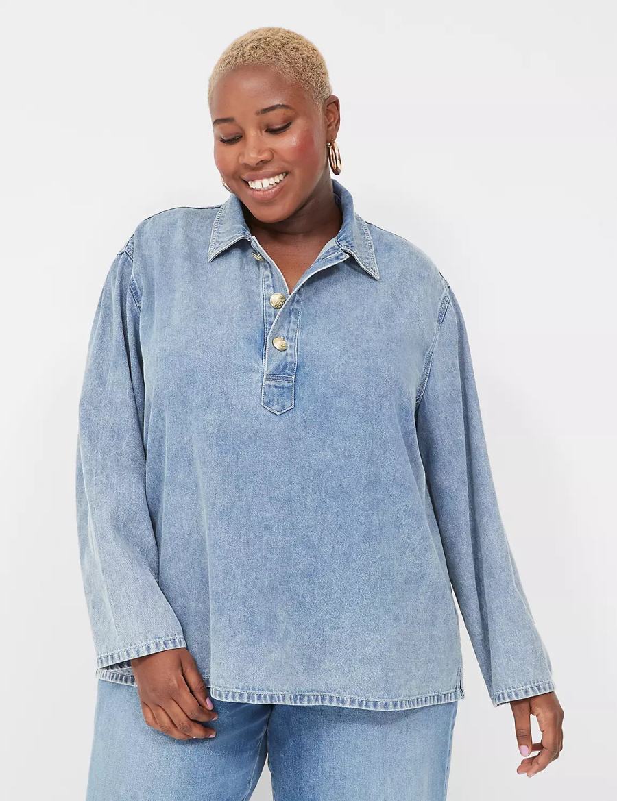 Lane Bryant Relaxed Collared Denim Popover Women Shirts Light Blue | TAE402RL