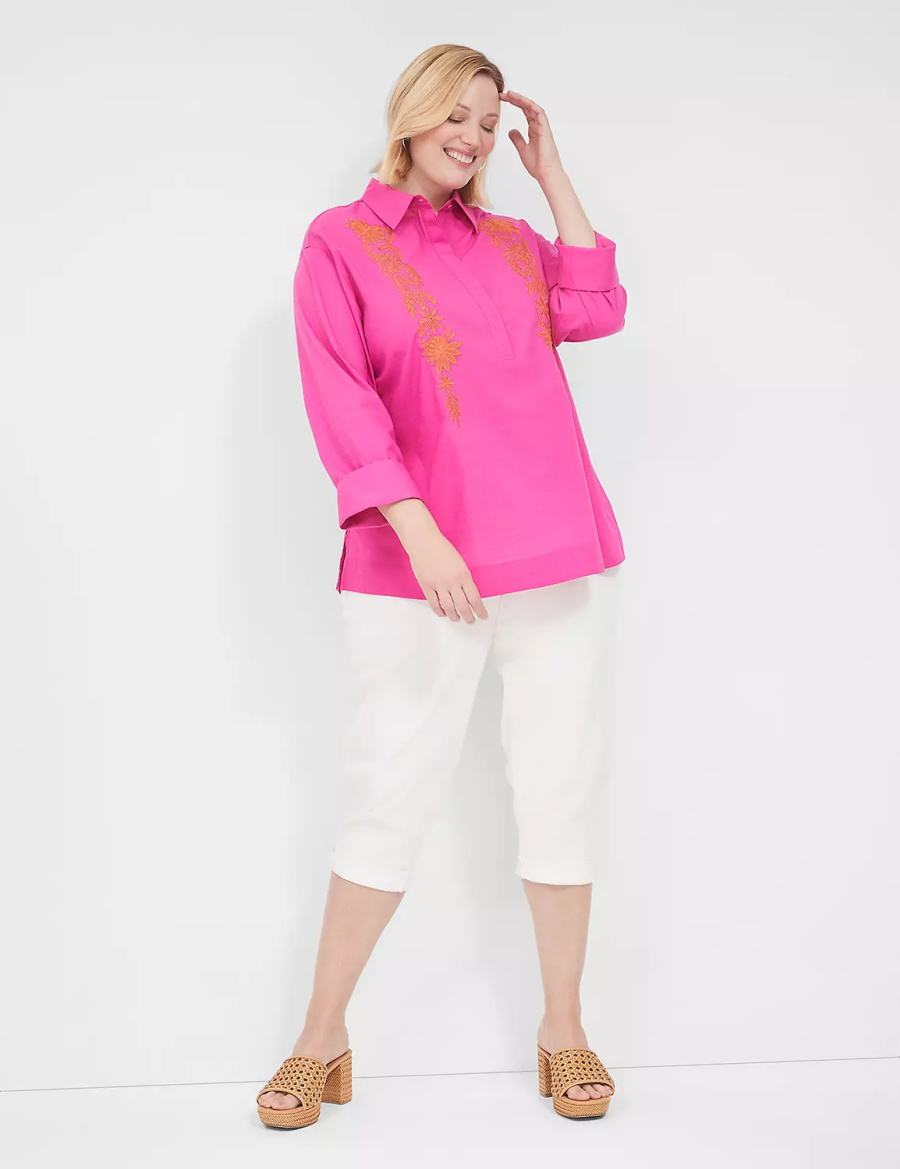 Lane Bryant Relaxed Collared Embroidered Tunic Women Shirts Fuchsia | QPY1527UW