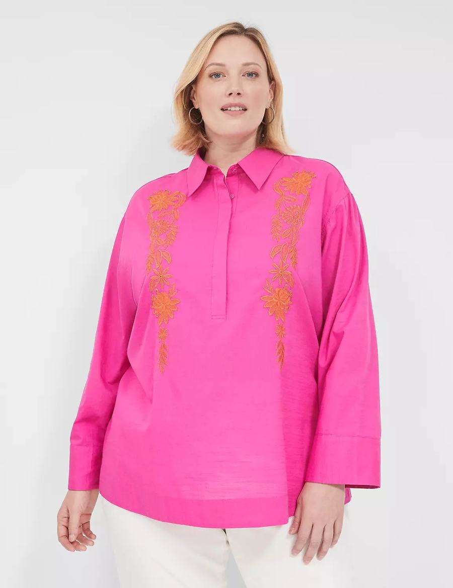 Lane Bryant Relaxed Collared Embroidered Tunic Women Shirts Fuchsia | QPY1527UW