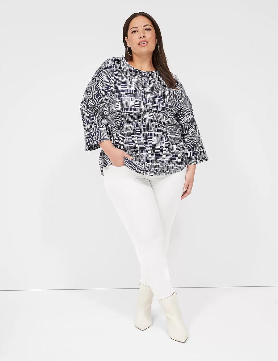 Lane Bryant Relaxed Crew-Neck Popover Top Women Blouse Navy White | RVJ26100CA